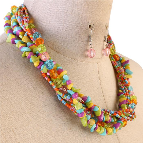 Multi Strand Multi Color Mix Bead Necklace Earring - Picture 2 of 5